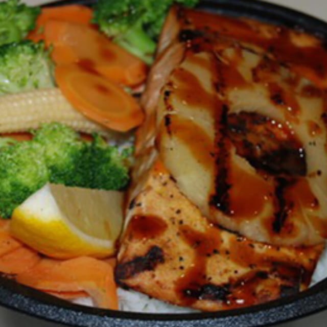 Salmon teriyaki rice meal.