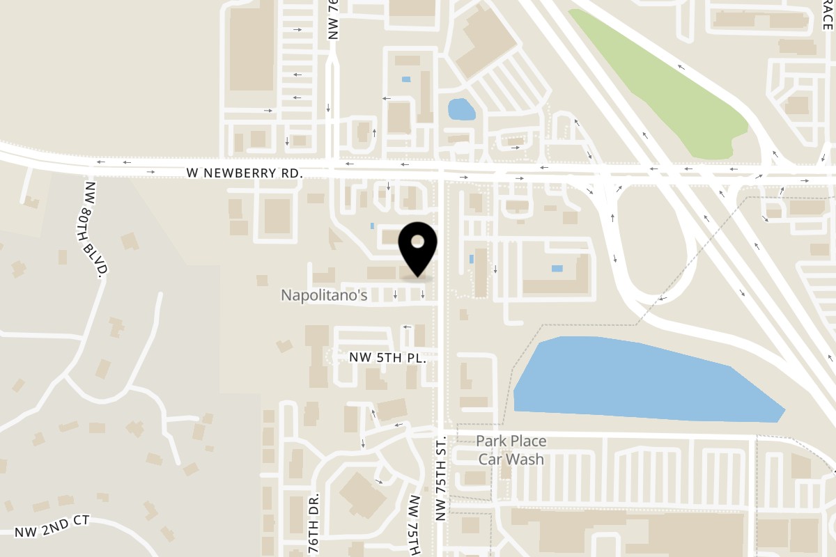 Map showing the location of Maui Teriyaki and Sushi on 600 NW 75th St STE E in Gainesville